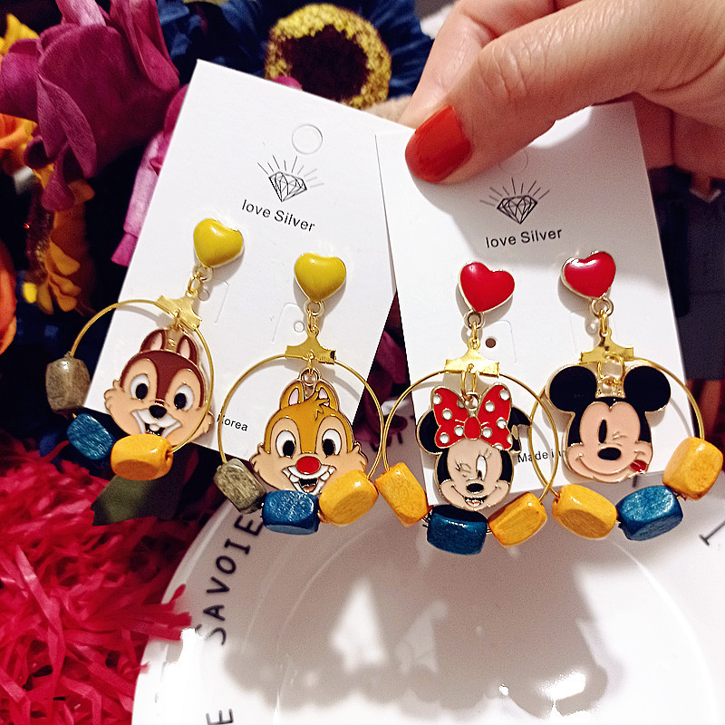 INS Children's Dream Alloy cute Chipmunks Mickey Mouse Mickey Minnie asymmetrical cartoon 925 silver earrings earrings