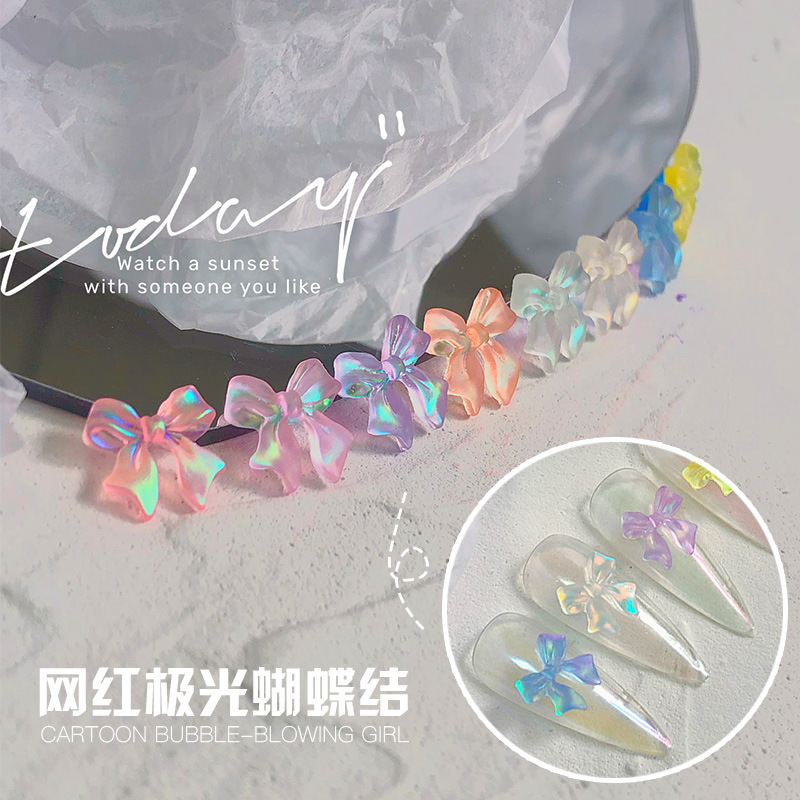 跨境新品幻彩蝴蝶结飘带美甲饰品摩卡极光水晶胶糖果色指甲饰品 shanilak