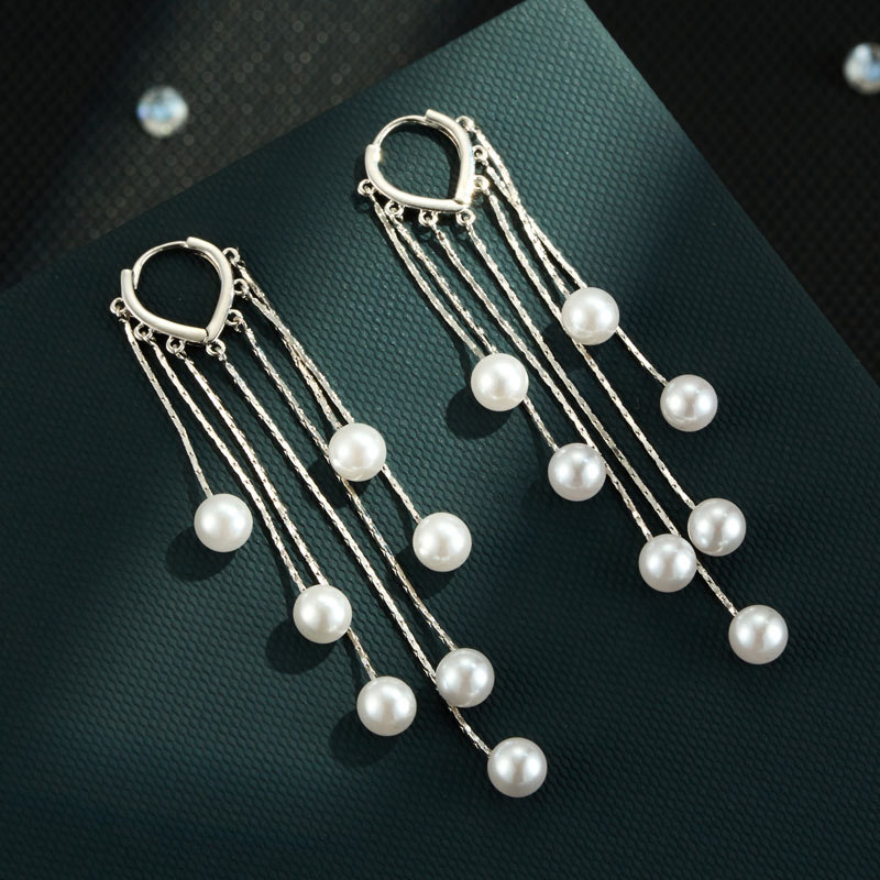 小众优雅爆款珍珠串长款流苏耳坠时尚高级感铜合金多层叠个性耳饰