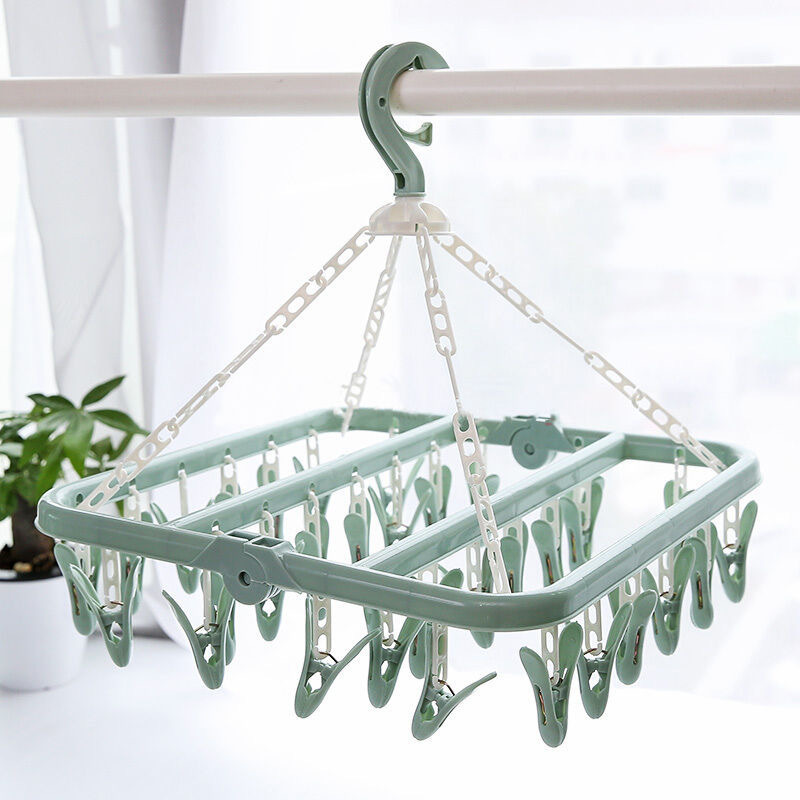 Plastic adult windproof foldable hangers Children's baby tights hangers Household multi-head drying hangers 32 clips