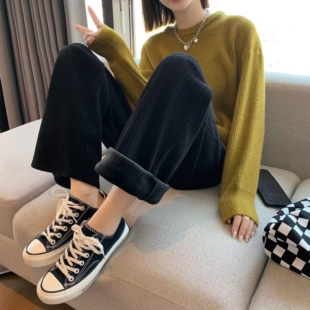 Autumn And Winter Chunky Chenille Wide Leg Pants Women's Loose High-Waisted Casual Sports Pants Women's Straight Striped Cream Pants details Picture