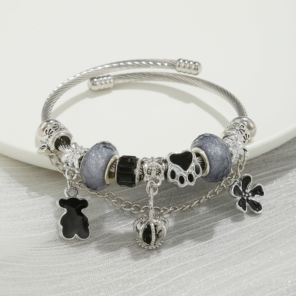 Oly Magic Bracelet 6784 Diy Open Adjustable Stainless Steel Titanium Steel Bracelet Bear Crown Pendant Bear Paw Beaded Jewelry Bracelet Wholesale Specification drawing