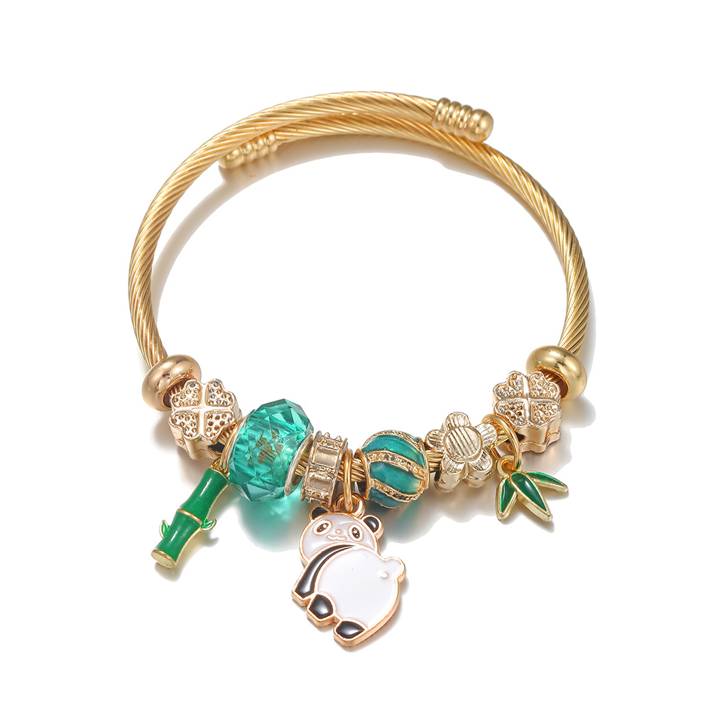 Oly Magic Bracelet 6779 Diy Stainless Steel Titanium Steel Bracelet Green Series Panda Bamboo Pendant Cartoon Animal Bracelet Wholesale Application Scenario