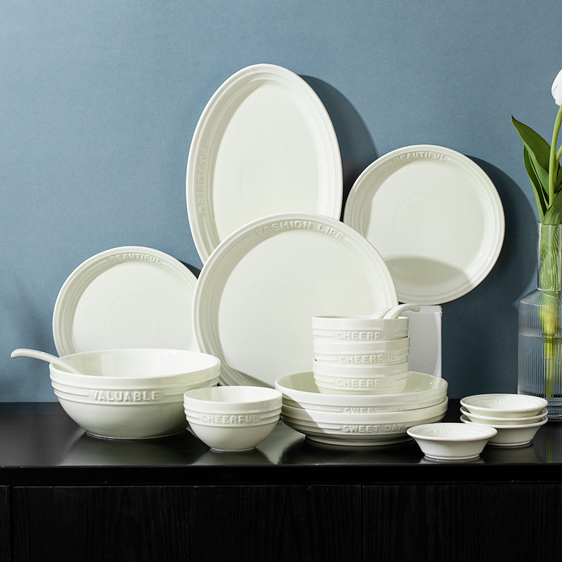 Truffle white ceramic tableware, Nordic minimalist bowl, plate, spoon set, eating bowl, home breakfast snack plate and bowl details Picture