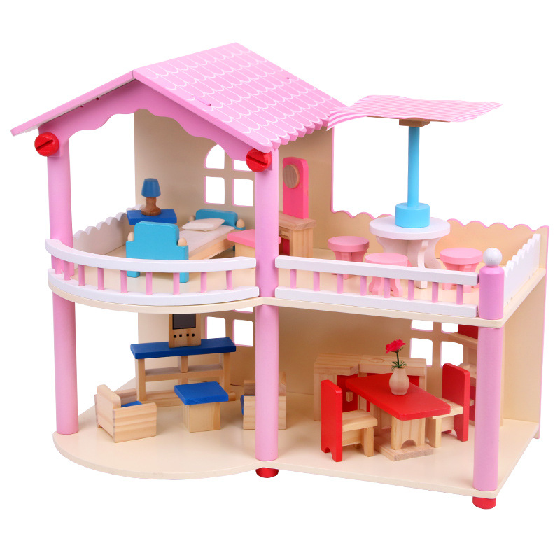 4-6 years old wooden cute pink simulation boys and girls play every double-storey villa children's doll house wholesale details Picture
