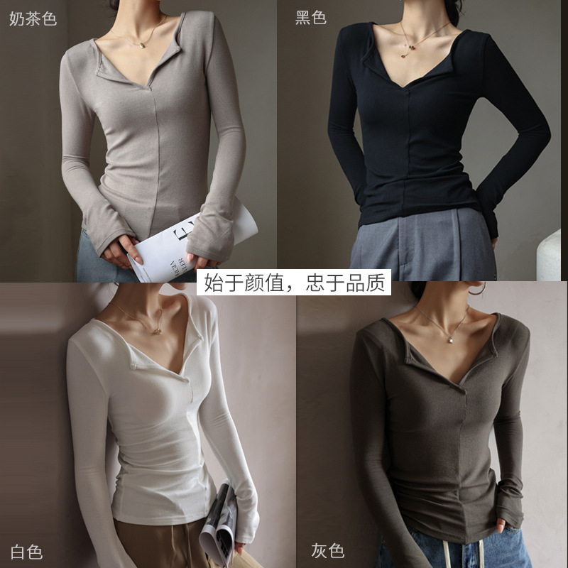 High Quality Modal Autumn/Winter V-Neck Base For Women With A Design Top White Long-Sleeved T-Shirt Base details Picture