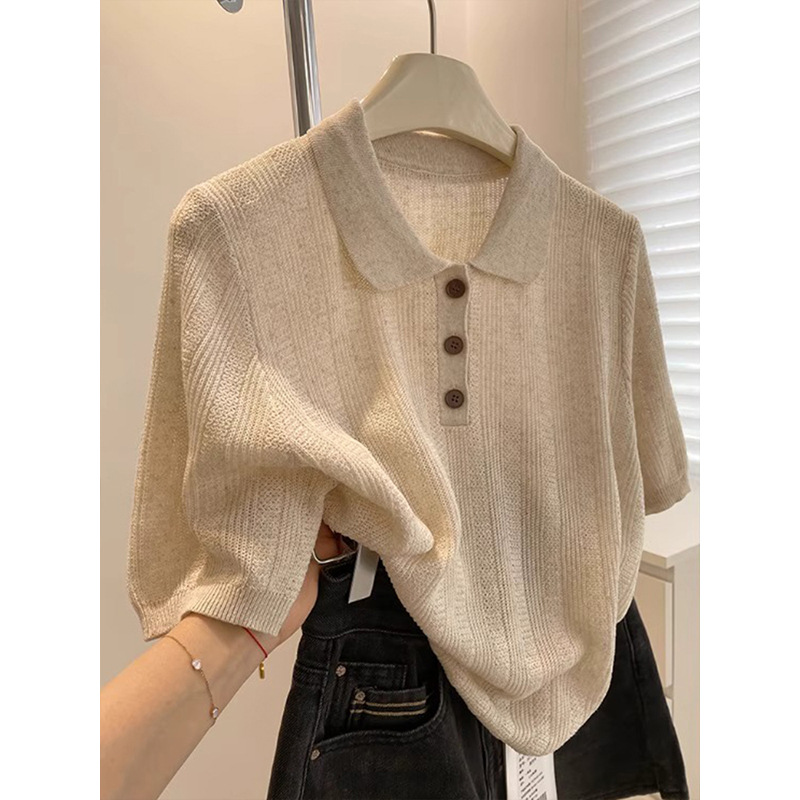 法式亚麻冰丝翻领针织短袖T恤女2025夏季气质百搭修身polo衫上衣