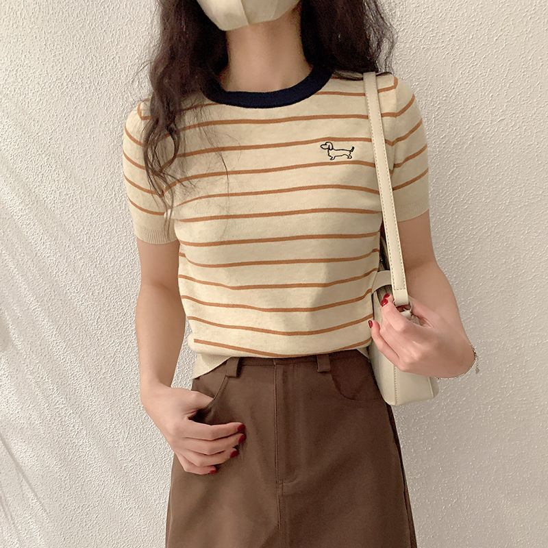 Round-neck striped short-sleeved T-shirt 2025 Loose color contrast embroidery new summer versatile ins casual commuter top for women Application Scenario