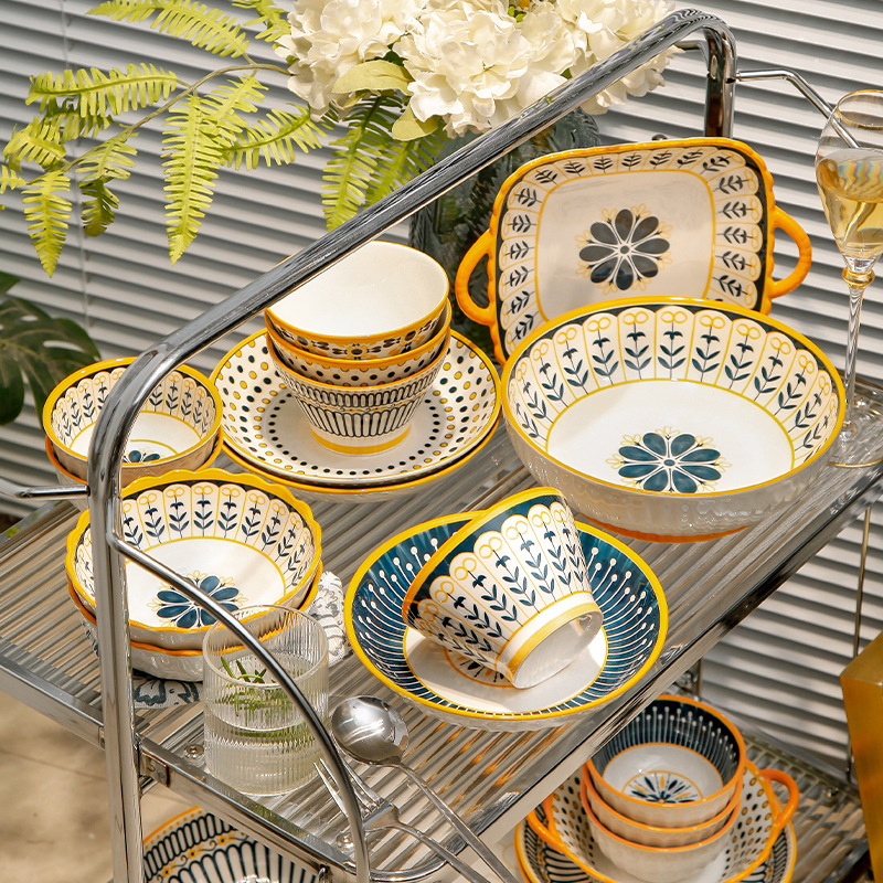 Wholesale of Nordic-style cross-border underglaze ceramic tableware, household sets of ceramic bowls and utensils, high appearance level, soup bowls and rice bowls details Picture