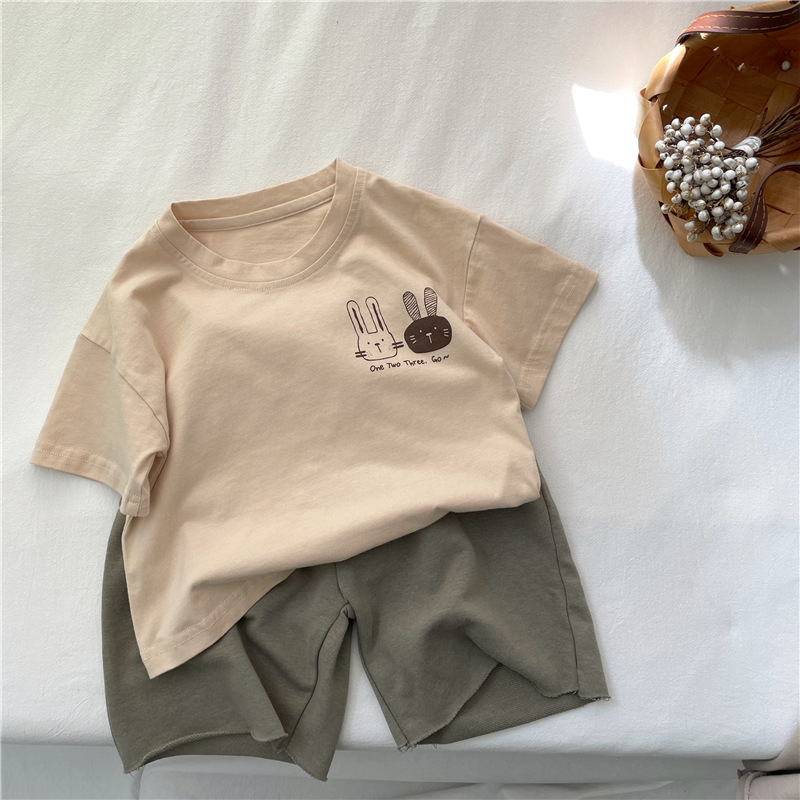 Summer children's clothing: Children's short-sleeved T-shirts, pure cotton round-neck tops for boys and girls, Korean style cute rabbit half-sleeved summer clothing details Picture