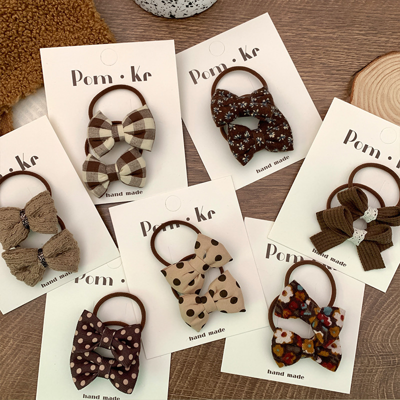 New Korean-style fabric bow hair tie paired with Maillard color polka dot checkered baby high-elasticity hair band Specification image
