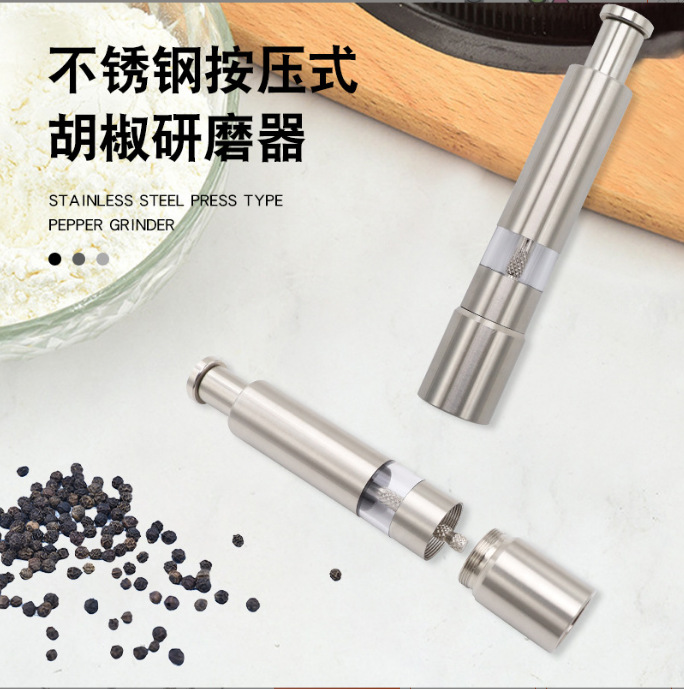 Cross-border stainless steel manual spice, pepper, coarse salt mini grinder press type crusher freshly ground seasoning bottle details Picture