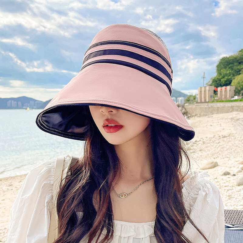 Women's black rubber open-top sun hat, summer large brim UV protection beach hat, thin cycling striped fisherman hat Item Picture