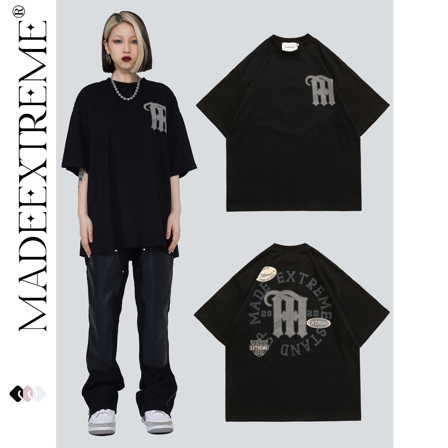MADEEXTREME Chinese streetwear brand watermark summer short-sleeved men's Gothic letter loose round-neck base layer T-shirt