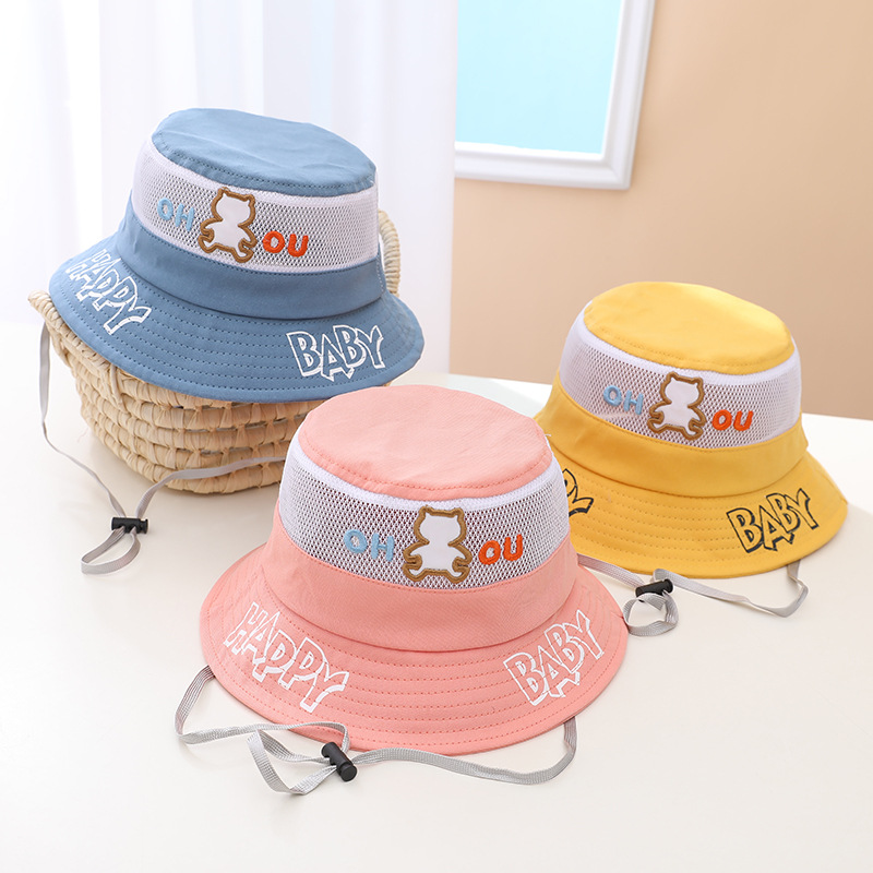 儿童盆帽夏季宝宝刺绣遮阳帽透气网眼帽男女小孩卡通小熊渔夫帽