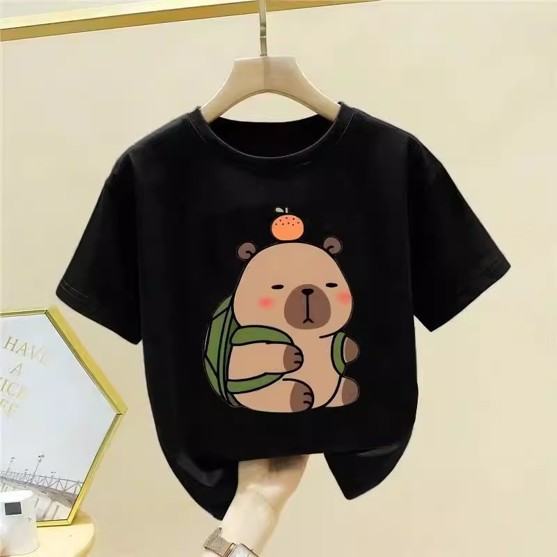 The new spring T-shirt for girls is a versatile choice for both boys and girls. It features a cartoon and stylish short-sleeved top with leather print Specification image
