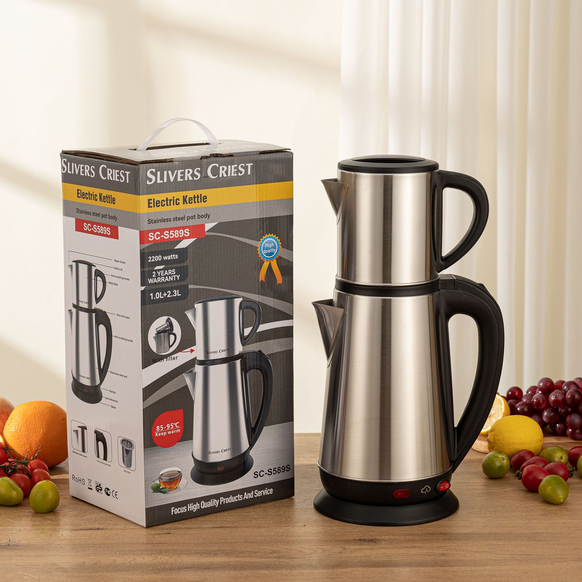 外贸出口电热茶壶不锈钢上下茶壶2IN1 Electric kettle set大容量