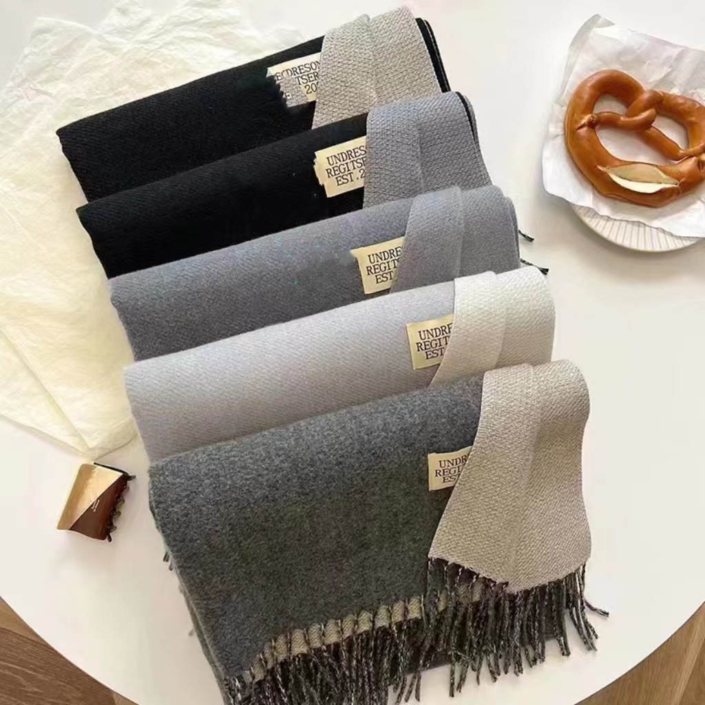 New Korean version double-sided solid color faux cashmere scarf for women, thickened scarf for autumn and winter, Japanese-style fringed fabric label scarf shawl