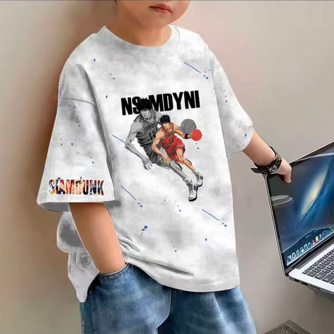 Tie-dyed cartoon children's short-sleeved pure cotton T-shirt, new summer style for boys and girls, round-neck half-sleeved base layer top, trendy T-shirt delivery details Picture
