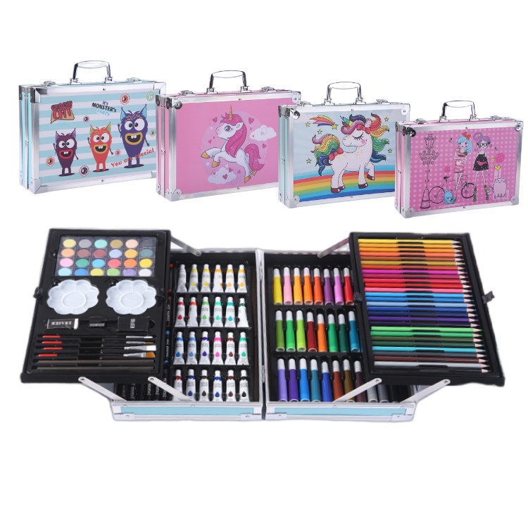 145铝盒双层画笔套装儿童美术绘画礼品水彩笔套装图