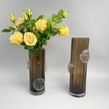 北欧轻奢直筒敞口棕色琉璃水晶装饰彩色玻璃吹制花瓶软装装修摆件