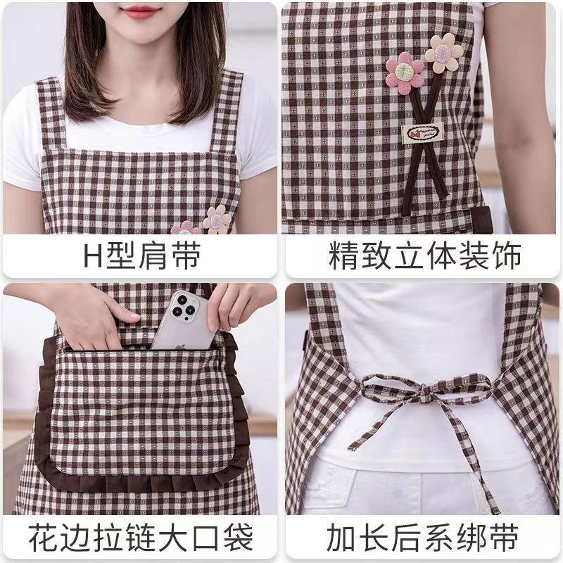 Korean-style thick cotton breathable apron for women's fashion, home kitchen cooking work clothes, sleeveless checked shoulder straps, waistband Specification image