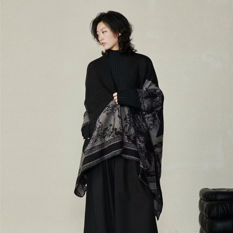 Simple 2024 Niche Imitation Cashmere Dark Split Cape Autumn Winter Warm Men And Women Double-Sided National Wind Shawls Scarf details Picture