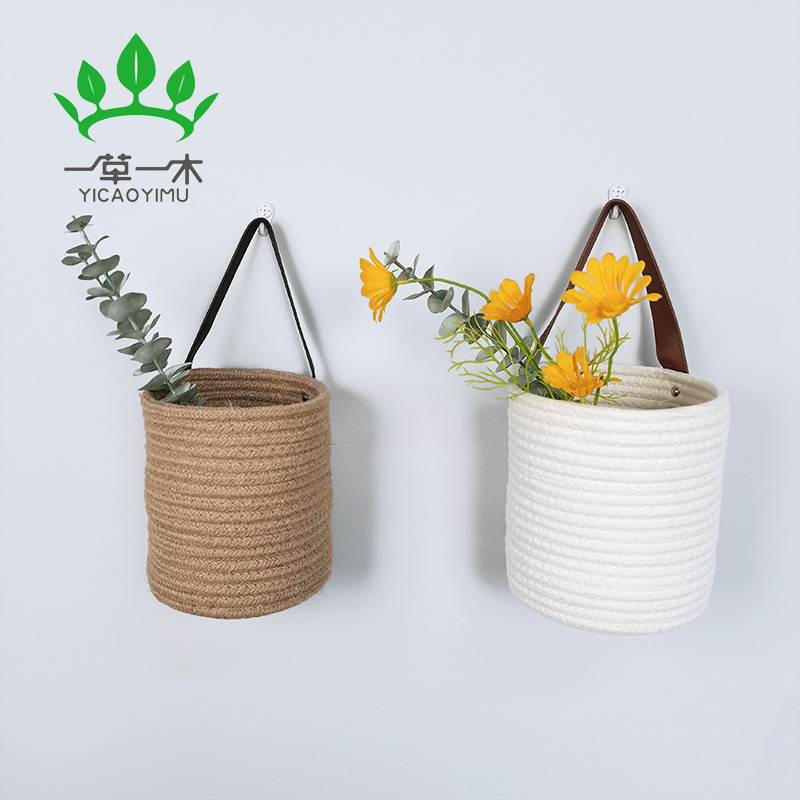 Amazon Hot Cotton Rope Hanging Basket Wall Hanging Basket Sundries Flower Arrangement Small Basket Belt Storage Basket Foldable