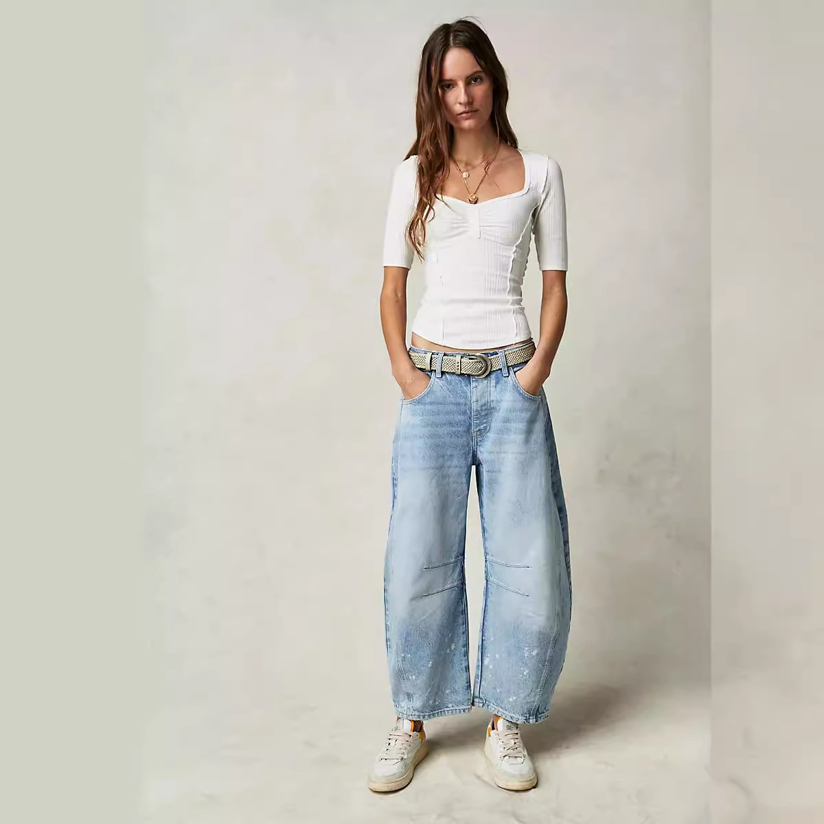 2024 New cross-border European and American fashion casual women's loose wide-leg pants, mid-low waist washed denim trousers Specification image