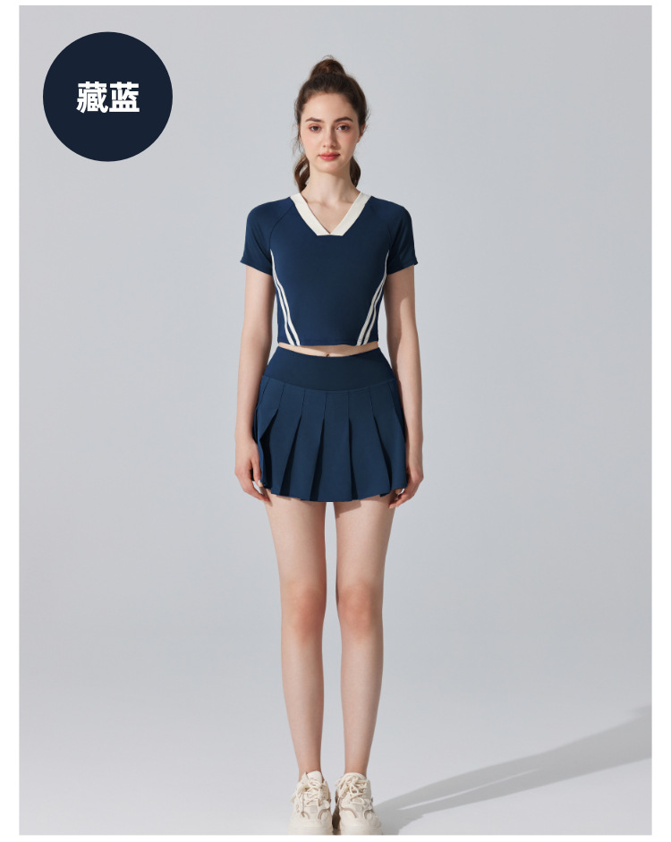 夏款复古V领瑜伽服运动健身修身短袖羽毛网球上衣跑步吸汗速干T恤详情19