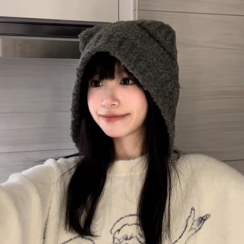 Star Contains Cute Bear Hat Female Autumn And Winter New All-Match Warm Woolen Hat 2022 Gray Ear Protection Knitted Hat Application Scenario