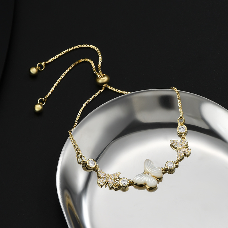 真金电镀微镶锆石气质手饰品小众设计感贝壳蝴蝶可调节抽拉手链潮详情9