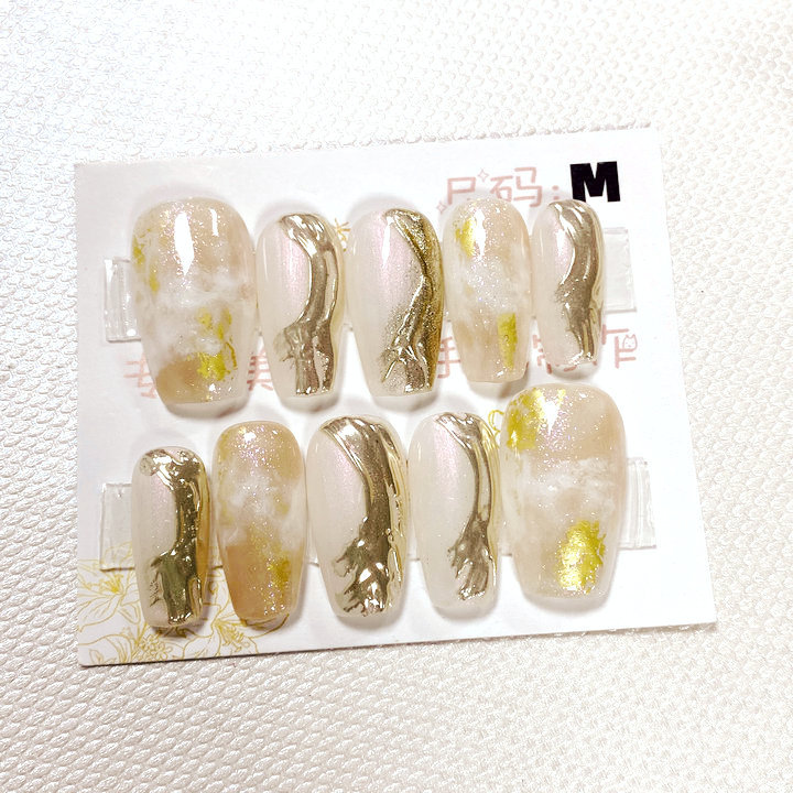 纯手工穿戴甲成品假指甲贴片果冻胶短款猫眼晕染贝壳钻款短梯m号详情10