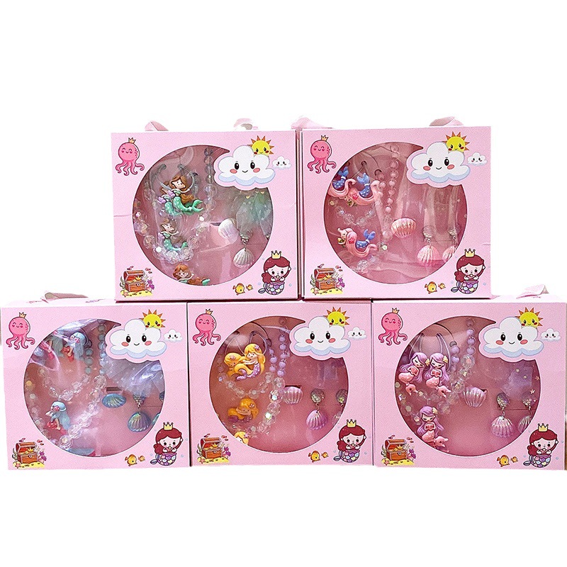 热卖新款美人鱼公主儿童首饰套装发夹耳环项链戒指女童生日礼盒厂白底实物图