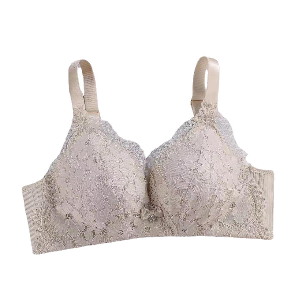 Cross-border export lace bras without steel loops, medium thick cup copper fiber lining, small breasts, gathering anti-sagging three-breasted underwear Item Picture