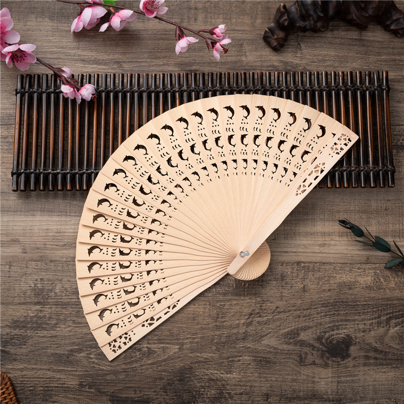 Star Moon Punch Flower Wood Fan Chinese Characteristics Gift Fan Imitation Sandalwood Fan Folding Fan Full Punch Wood Fan details Picture