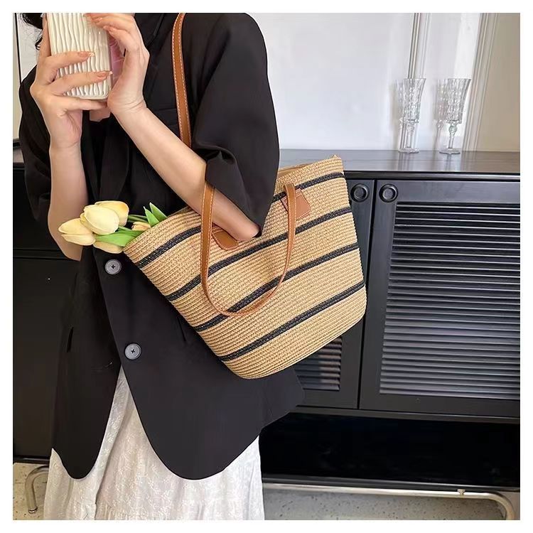 Autumn New Striped Straw Bag French Large Capacity Tote Bag Temperament Women's Bag Hand Bill Shoulder Bag Specification drawing