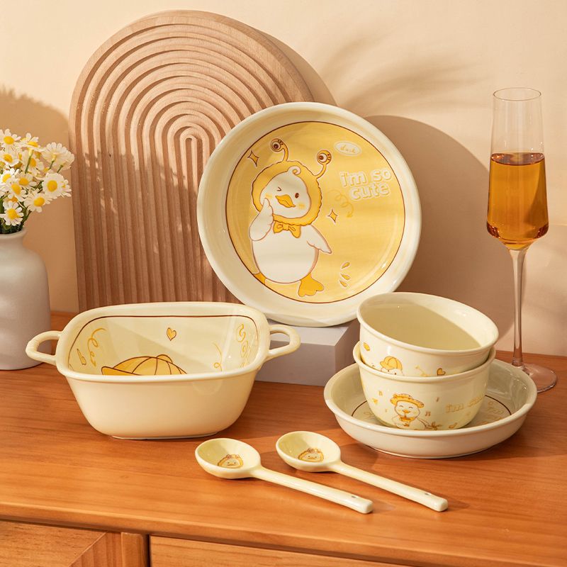 Cute duck cartoon ceramic bowls, plates and tableware on Instagram, high appearance level, cream style double-ear soup bowls, noodle bowls, vegetable plates and tableware Specification image