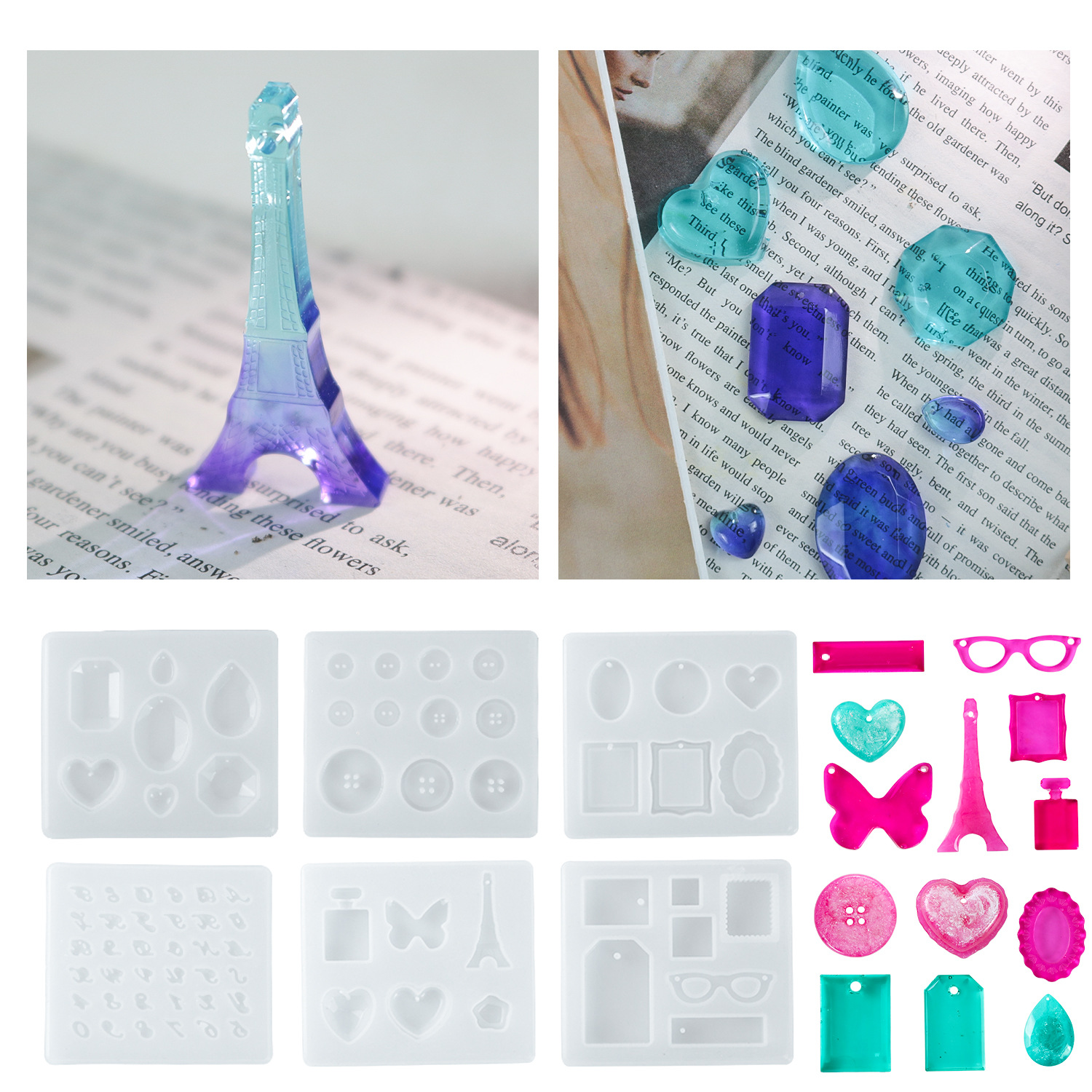 diy crystal resin, multiple pendant molds, diamond numbers, silicone letters, buttons, mirror decorative ornaments