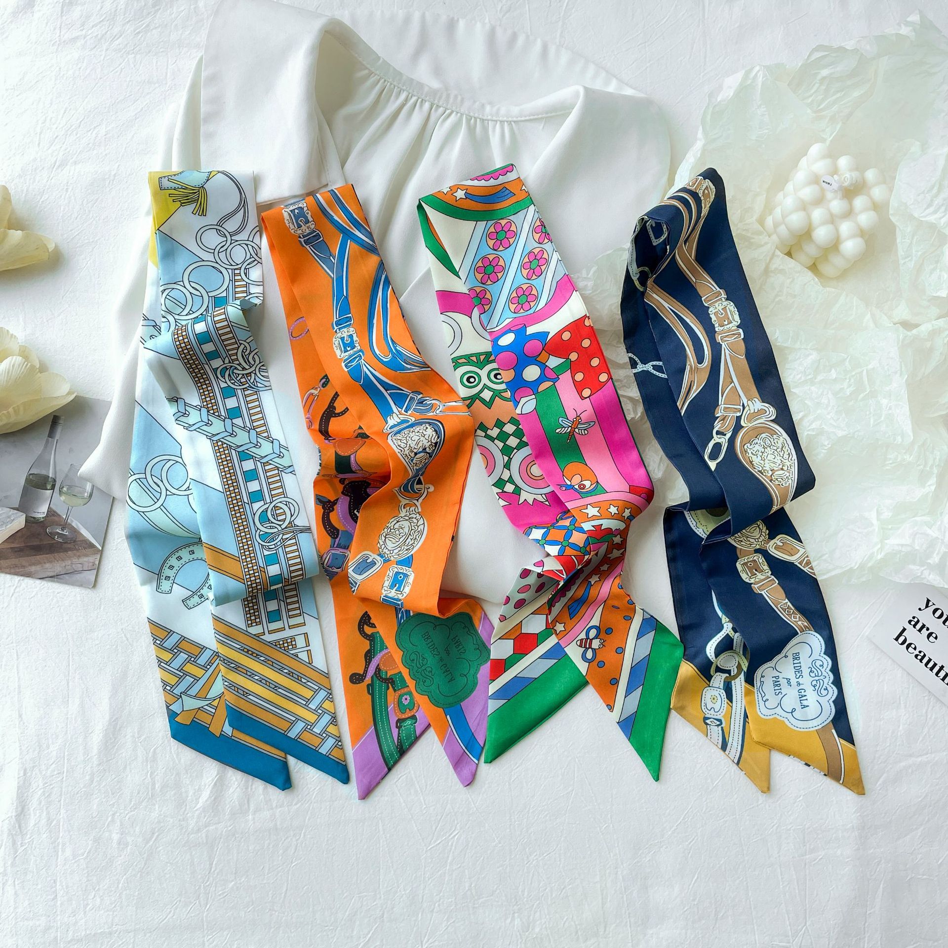 New chain gift box, versatile ribbon, women's hair tie, retro long silk scarf, hair accessory, hair tie, and bag tie wholesale