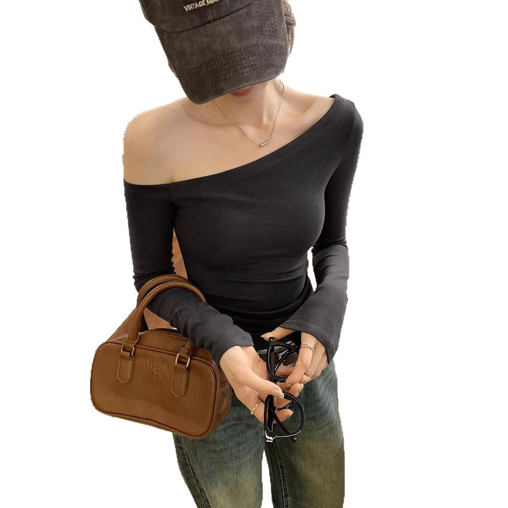 Unique off-the-shoulder design for women, long-sleeved base layer, Spring and Autumn 2025 new one-shoulder slimming T-shirt Item Picture