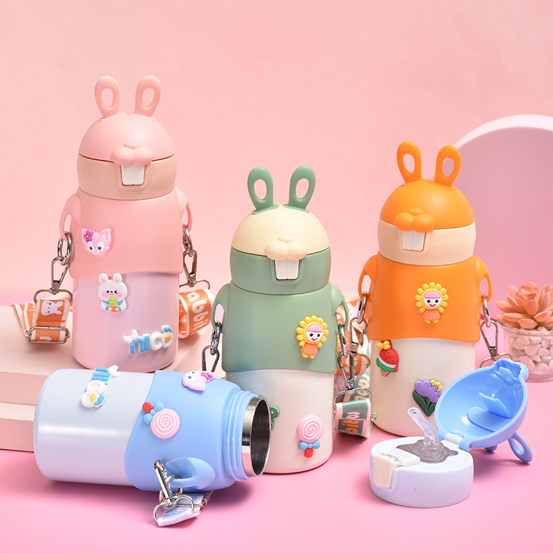 Cute Rabbit Bouncing Lid insulated cup, 316 stainless steel double-layer with back strap, children's straw cup