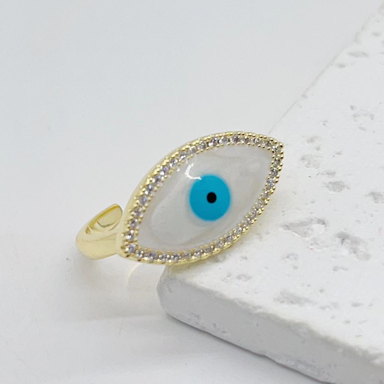 European and American cross-border fashion design sense, devil's eye, copper plated with real gold, heart-shaped eyes, four-leaf clover opening ring for women details Picture