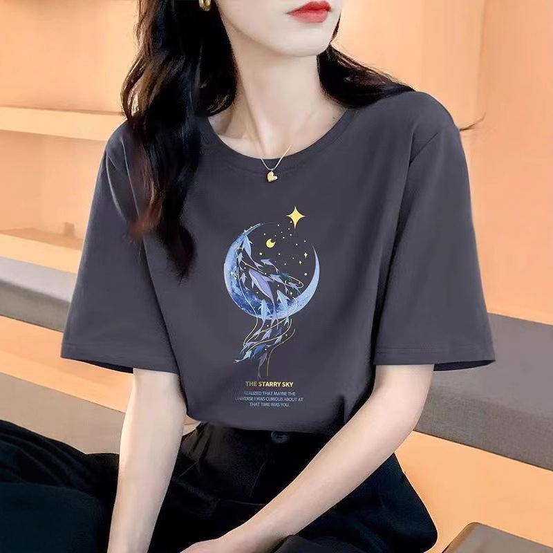 宽松纯棉短袖t恤女士夏装新款漂亮上衣设计感印花半袖女圆领夏季
