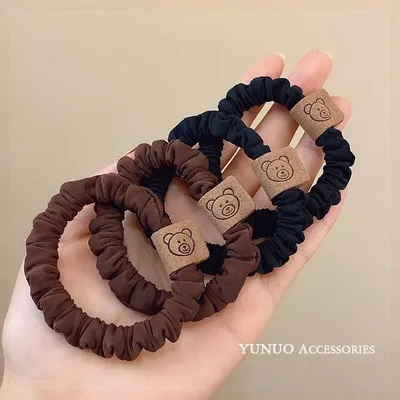 Spring Label Milk Tea Color Leather Band Smiley Face High Stretch Bear Label Hair Band Tie Hair Large Band Head Rope Wholesale 100