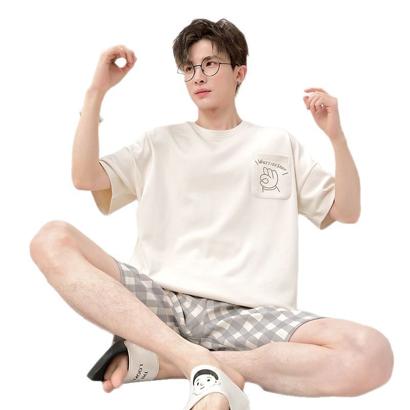 Pijamas hombre verano algodón shorts manga corta adolescente 2025 nuevo hombre ropa de hogar 100% algodón suéter de verano Item Picture