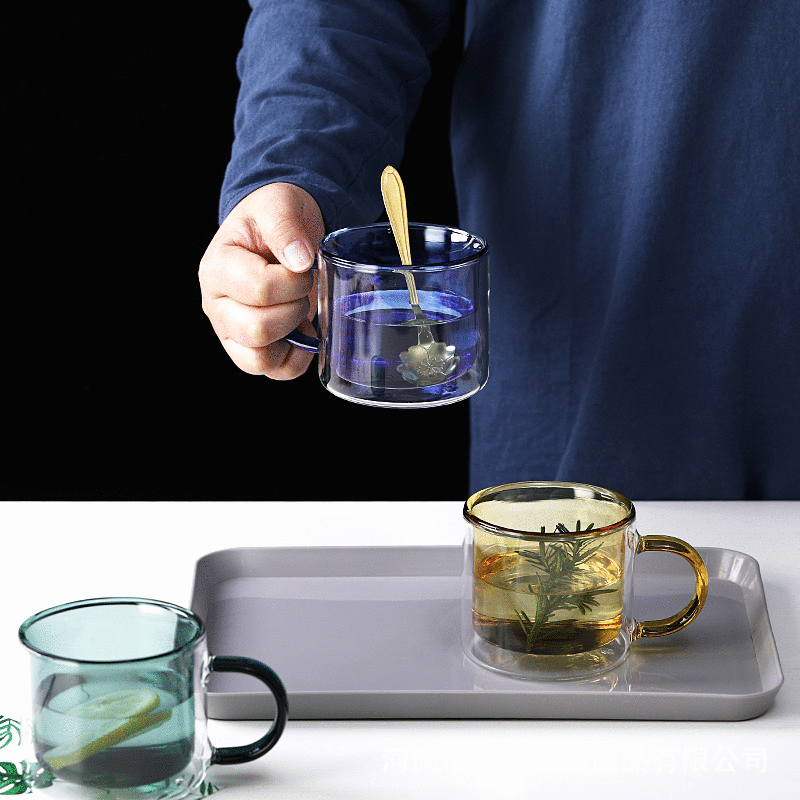 Double layer colorful tumbler Creative coffee mug High borosilicate glass Tea cup household water mug mug