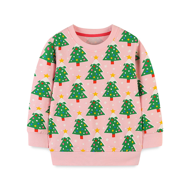 Estilo europeo y americano niña cuello redondo chaqueta niño medio árbol de navidad estampado manga larga jumper niños blusa floral primavera/otoño Item Picture