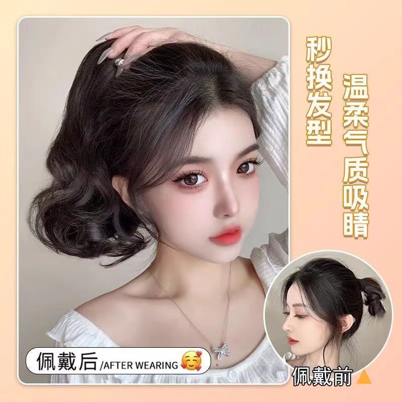 A short ponytail with a large wavy hairstyle, featuring a long and short fake ponytail, pear blossom curly hair, and a low braid that is naturally realistic Specification image