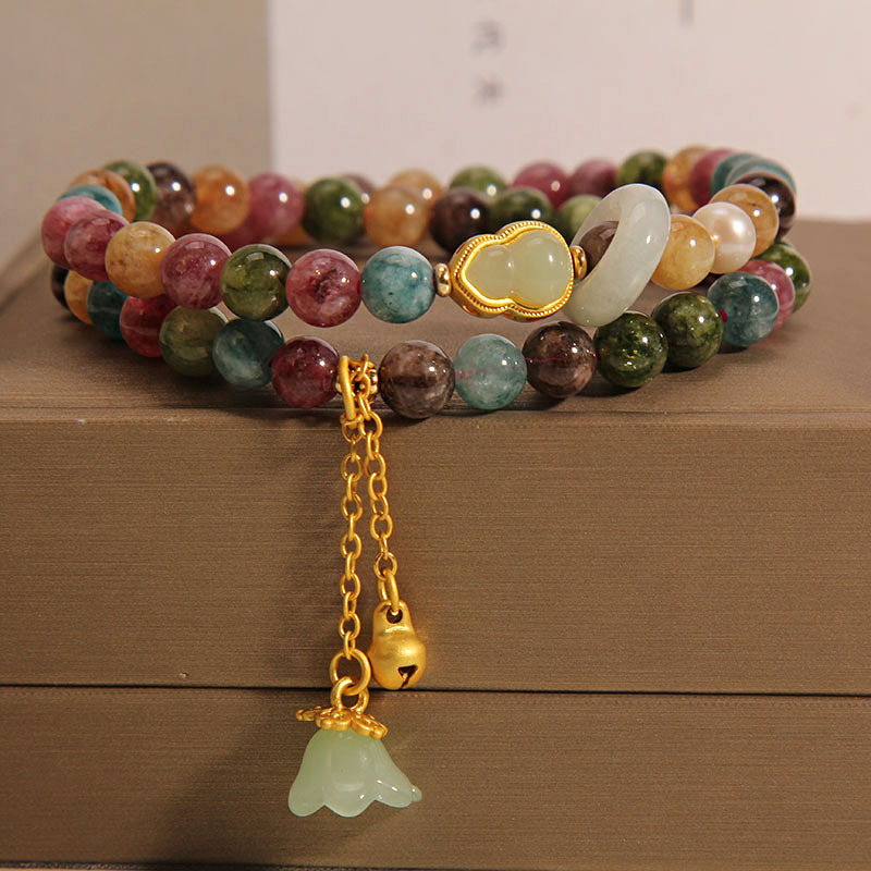 Natural turmalina doble anillo pulsera mujeres verano nicho luz de lujo estilo nacional calabaza multicapa muguet colgante mano cadena pulsera details Picture